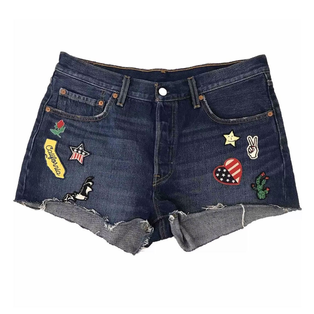 Levi's 501 Jean Shorts Women 32 High Rise Cut Offs Blue Denim Patches Button Fly